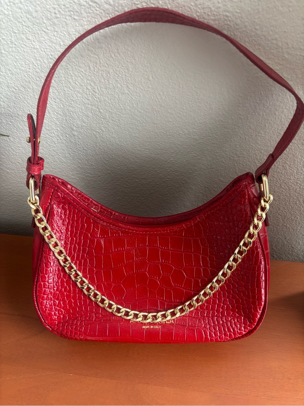 NWOT Red Croc-Embossed Italian Leather Shoulder Bag with Gold Chain